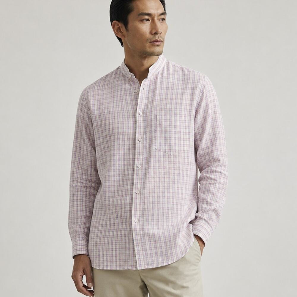 Shanghai Tang Plaid Mandarin Collar Shirt button up Pink sz XL